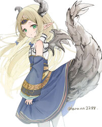  1girl :o absurdres bare_shoulders blonde_hair braid commentary_request detached_sleeves dragon dragon_girl dragon_horns dragon_tail dragon_wings dress fire_emblem fire_emblem_shadows green_eyes haru_(nakajou-28) highres horns long_hair looking_at_viewer pantyhose pointy_ears tail very_long_hair wings yuni_(fire_emblem) 