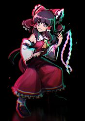  1girl ascot bow brown_eyes brown_hair closed_mouth commentary detached_sleeves frilled_bow frilled_hair_tubes frilled_skirt frills full_body gohei hair_bow hair_tubes hakurei_reimu highres holding holding_gohei iganashi1 long_hair looking_at_viewer red_bow red_skirt ribbon-trimmed_sleeves ribbon_trim shoes skirt skirt_set socks solo touhou white_socks yellow_ascot 