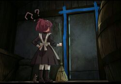  1girl ? ?? aisha_greyrat apron backrooms_(creepypasta) barrel black_dress broom commentary dress english_commentary from_behind full_body highres holding holding_broom indoors large_ribbon long_hair long_sleeves maid maid_apron maid_headdress maohanabi mouse_(animal) mushoku_tensei ponytail red_hair solo standing white_apron 