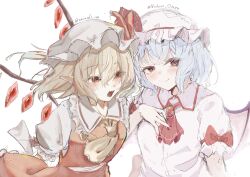  2girls artist_collaboration ascot bat_wings blonde_hair blue_hair blush bow brooch closed_mouth collared_shirt commentary_request crystal crystal_wings flandre_scarlet frilled_shirt_collar frills hat hat_bow hat_ribbon highres jewelry looking_at_viewer mob_cap multiple_girls nanashi_1104 nekono_otama one_side_up open_mouth pink_hat pink_shirt pink_skirt pointy_ears puffy_short_sleeves puffy_sleeves red_ascot red_bow red_eyes red_skirt red_vest remilia_scarlet ribbon shirt short_sleeves siblings simple_background sisters skirt skirt_set sleeve_bow smile touhou twitter_username vest white_hat white_shirt wings yellow_ascot 