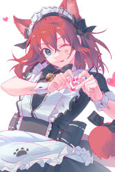 1girl :p absurdres ahoge alternate_costume animal_ear_fluff animal_ears anzu_(ensemble_stars!) apron back_bow bell black_bow black_bowtie black_dress blue_eyes bow bowtie brown_hair cat_ears cat_girl cat_tail cowboy_shot crossed_bangs dreonya dress enmaided ensemble_stars! four-finger_heart_hands frilled_apron frills hair_between_eyes head_tilt heart heart_hands heart_in_heart_hands highres jingle_bell looking_at_viewer maid maid_headdress marking_on_cheek medium_hair nail_polish neck_bell one_eye_closed paw_print pink_nails short_sleeves simple_background solo tail tail_bow tail_ornament tongue tongue_out white_apron white_background white_wrist_cuffs wrist_cuffs 