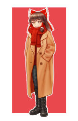  1girl alternate_costume black_boots black_pantyhose boots bow brown_coat brown_eyes brown_hair chomae coat commentary_request contemporary frilled_bow frilled_hair_tubes frills full_body grin hair_bow hair_tubes hakurei_reimu hands_in_pockets highres knee_boots korean_commentary long_hair looking_at_viewer open_clothes open_coat outline pantyhose red_bow red_scarf scarf smile solo touhou white_outline winter_clothes 