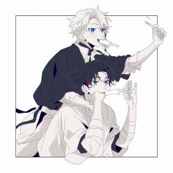  absurdres bandaged_arm bandages black_hair carrying commentary_request eyeliner food green_eyes greyscale hat highres implied_yaoi japanese_clothes kagurabachi looking_ahead makeup monochrome multiple_boys open_mouth piggyback popsicle popsicle_stick red_eyeliner white_background yan_ots_uku 