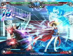  1boy 1girl artist_name attack belt belt_buckle black_coat black_hair black_jack_(character) black_jack_(series) black_pants black_shoes black_vest blue_jacket brown_belt buckle cape character_name coat combo_counter commentary_request crossover cut-in dated duel fake_screenshot fighting_game hat health_bar holding holding_sword holding_weapon hyoutantsugi indoors jacket k-suwabe multicolored_hair open_mouth original painting_(object) pants princess_sapphire puff_and_slash_sleeves puffy_short_sleeves puffy_sleeves railing rapier red_cape ribbon_no_kishi shoes short_hair short_sleeves split-color_hair stairs standing statue sword two-tone_hair v-shaped_eyebrows vest weapon white_hair white_pants white_shoes yellow_hat 