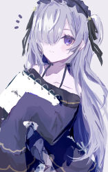  1girl bare_shoulders black_ribbon blue_dress blue_hairband bow collarbone crescent crescent_necklace dress dress_bow frilled_dress frilled_hairband frilled_sleeves frills gothic_lolita hair_over_one_eye hair_ribbon hairband highres holding holding_sketchbook jewelry lolita_fashion lolita_hairband long_hair long_sleeves looking_at_viewer mahou_shoujo_no_majo_saiban mochiyuka natsume_an-an necklace off-shoulder_dress off_shoulder one_eye_covered ribbon simple_background sketchbook sleeve_bow sleeves_past_fingers sleeves_past_wrists solo upper_body violet_eyes white_background white_hair wide_sleeves 