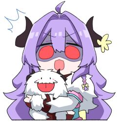  1girl ahoge animal blush_stickers braid chibi commentary curled_horns flower fur-trimmed_kimono fur_(clothing) fur_trim hair_between_eyes hair_intakes holding horn_flower horns japanese_clothes kimono kindred_(league) league_of_legends long_hair long_sleeves open_mouth poro_(league) purple_hair red_eyes ri_~yoku shaded_face side_braid simple_background spirit_blossom_(league) spirit_blossom_kindred tongue tongue_out upper_body white_background white_fur 