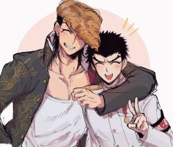  2boys armband black_hair blush brown_hair closed_eyes collarbone commentary_request dangan_nigo danganronpa:_trigger_happy_havoc danganronpa_(series) eyelashes grey_jacket grin ishimaru_kiyotaka jacket long_sleeves male_focus multicolored_hair multiple_boys notice_lines open_clothes open_jacket open_mouth owada_mondo pectorals pompadour red_armband shirt short_hair simple_background smile teeth two-tone_hair upper_body upper_teeth_only v very_short_hair white_background white_shirt 