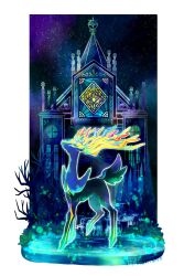  animal_focus antlers blue_eyes border building commentary_request full_body highres horns no_humans pokemon pokemon_(creature) pokemon_focus sky solo stained_glass star_(sky) starry_sky tree water white_border xerneas yyy9696yyy 