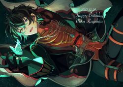  1boy belt belt_buckle black_gloves black_hair blonde_hair blue_eyes buckle bug butterfly character_name commentary cowboy_shot dated earrings ensemble_stars! feature_scout_1_(ensemble_stars!) gloves hair_between_eyes happy_birthday headset heterochromia highres jewelry kagehira_mika long_sleeves looking_at_viewer male_focus mo_(vvvalkk5) official_alternate_costume open_mouth ribs short_hair solo teeth upper_teeth_only 