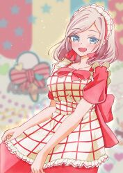  1girl :d absurdres apron artist_collaboration blurry blurry_background bow ceras_yanagida_lilienfeld collarbone commentary_request corocoro567 cowboy_shot dress dress_bow frilled_apron frills highres looking_at_viewer love_live! love_live!_hasu_no_sora_jogakuin_school_idol_club love_live!_series_official_card_game maid_apron maid_headdress next_card_(love_live!) open_mouth puffy_short_sleeves puffy_sleeves red_bow red_dress short_sleeves smile sofran solo virtual_youtuber waitress white_apron 