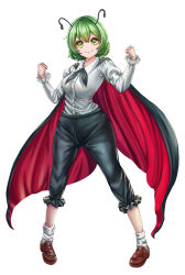  1girl absurdres antennae black_cape black_pants breasts brown_shoes cape clenched_hands commentary_request full_body green_eyes green_hair highres loafers long_sleeves looking_at_viewer medium_breasts pants red_cape shirt shoes short_hair simple_background smile socks solo touhou two-sided_cape two-sided_fabric white_background white_shirt white_socks wriggle_nightbug zetubouog3 