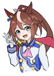  1girl animal_ears ascot blue_eyes blush brown_hair buttons cape cropped_torso double-breasted ear_ribbon epaulettes gloves hair_between_eyes highres horse_ears horse_girl horse_tail jacket long_hair long_sleeves looking_at_viewer middle_w moyashi_toufu multicolored_hair multicolored_jacket open_mouth pink_ascot ponytail red_cape simple_background single_epaulette single_hair_streak skirt smile solo streaked_hair tail tokai_teio_(peak_joy)_(umamusume) tokai_teio_(umamusume) two-tone_hair two-tone_jacket umamusume w white_background white_gloves white_hair white_jacket white_skirt white_streaks 