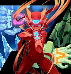  1boy android armor blue_eyes glowing glowing_eyes helmet homura_subaru ice jungle long_hair male nature rockman rockman_zero tagme zero_(rockman) 