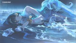  1girl alternate_costume black_hair blunt_bangs evening hairband helentine_(pgr) highres light_smile looking_at_viewer lying official_alternate_costume official_art on_ground punishing:_gray_raven scrunchie seashell shell short_hair solo swimsuit water wet wet_clothes wrist_scrunchie yellow_scrunchie 