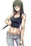  black_hair breasts cleavage eyepatch jormungand knife large_breasts midriff navel prime reverse_grip smile sofia_valmer solo tank_top weapon yellow_eyes 