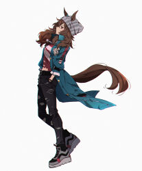  1girl animal_ears beanie belt black_belt black_pants blue_coat blush breasts brown_hair candy coat commentary denim dice dice_necklace dice_pendant domdam80 ears_through_headwear food food_in_mouth full_body grey_hat hair_between_eyes hands_in_pockets hat horse_ears horse_girl horse_tail jacket jeans jewelry lollipop lollipop_in_mouth long_hair long_sleeves nakayama_festa_(shichuukyuukatsu)_(umamusume) nakayama_festa_(umamusume) necklace pants red_shirt shirt shoes simple_background small_breasts striped_clothes striped_hat striped_headwear tail torn_clothes torn_jeans torn_pants torn_shirt umamusume untranslatable_commentary vertical-striped_clothes vertical-striped_headwear violet_eyes 