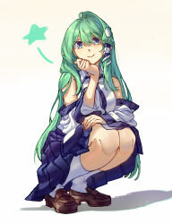  1girl absurdres blue_eyes blue_skirt brown_shoes closed_mouth collared_shirt commentary_request detached_sleeves frog_hair_ornament gradient_background green_eyes hair_ornament hair_tubes head_rest highres kneehighs kochiya_sanae loafers long_hair looking_at_viewer neat_ad4816 pleated_skirt shadow shirt shoes single_hair_tube skirt sleeveless sleeveless_shirt smile snake_hair_ornament socks solo squatting star_(symbol) touhou very_long_hair white_shirt white_socks 