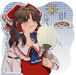  2girls ascot blue_ascot blue_hair blush bow brown_eyes brown_hair closed_eyes colored_inner_hair commentary_request curly_hair detached_sleeves fanning_self frilled_bow frilled_hair_tubes frills green_hair hair_bow hair_tubes hakurei_reimu hand_fan highres holding holding_fan horns hot komano_aunn long_hair multicolored_hair multiple_girls nanaironokabi red_bow red_shirt ribbon-trimmed_sleeves ribbon_trim shirt single_horn solo_focus sun sweat tongue tongue_out touhou translation_request upper_body 