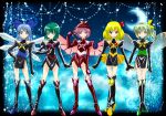  alternate_costume alternate_hair_length alternate_hairstyle antennae arm_up bare_shoulders bird_wings blonde_hair blue_eyes blue_hair boots bow cirno clenched_hand crescent_moon daiyousei fairy_wings fingerless_gloves fingernails gloves green_eyes green_hair hair_bow hair_ribbon hand_on_hip hat high_collar highres hips knee_boots light_particles long_hair long_sleeves looking_at_viewer ltd_border midriff moon multiple_girls mystia_lorelei navel open_hand pink_eyes pink_hair precure red_eyes ribbon rumia sentai short_hair side_ponytail sky smile star_(sky) starry_sky team_9 touhou vest wings wriggle_nightbug yellow_eyes youkai 