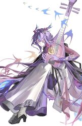  1girl absurdres arknights bird black_boots boots colored_extremities dragon_girl dragon_horns dragon_tail dress earrings eastern_dragon_horns eastern_dragon_tail ezumly high_heel_boots high_heels highres horns instrument invisible_chair jewelry jun_(arknights) long_dress long_hair multicolored_hair pipa_(instrument) playing_instrument pointy_ears pom_pom_(clothes) pom_pom_earrings purple_hair purple_hands simple_background sitting solo tail very_long_hair white_background white_dress 