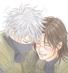  2boys 999kurome black_shirt blush brown_hair closed_eyes commentary_request covered_mouth flak_jacket green_jacket hair_down hatake_kakashi jacket konohagakure_shinobi_uniform long_hair male_focus mask mouth_mask multiple_boys naruto_(series) parted_bangs scar scar_on_face shirt smile teeth twitter_username umino_iruka upper_body watermark white_hair 