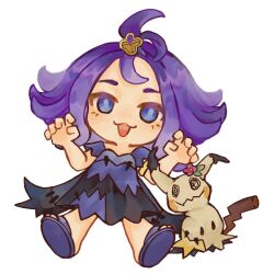  1girl :3 acerola_(pokemon) armlet blue_eyes dress flower hair_ornament highres jewelry mimikyu multicolored_dress pink_flower pokemon pokemon_(creature) pokemon_sun_and_moon purple_hair purple_sandals sandals short_hair simple_background torn_clothes torn_dress translucentjade white_background 