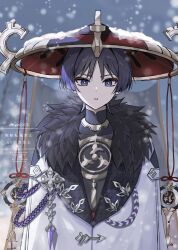  1boy aiguillette bare_tree black_bodysuit black_hair blunt_ends blurry blurry_background bodysuit bright_pupils coat commentary covered_collarbone crystal eyeliner fatui_coat fatui_logo fur-trimmed_coat fur_trim gem genshin_impact gold gold_trim grey_background grey_veil hat highres jingasa lapels looking_at_viewer makeup male_focus mandarin_collar mitsudomoe_(shape) open_mouth outdoors purple_gem purple_rope red_eyeliner red_hat rope scaramouche_(genshin_impact) shimenawa snow snow20200 solo straight-on tomoe_(symbol) tree tsurime twitter_username untranslatable_commentary upper_body variant_set veil violet_eyes watermark white_coat white_mouth white_pupils white_rope wispy_bangs 