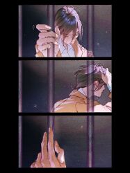  1boy 1girl bandaged_wrist bandages black_border black_hair border brown_jacket closed_eyes collared_shirt commentary crying english_commentary eren_yeager hair_between_eyes hand_in_own_hair head_down jacket lacampanule mikasa_ackerman outstretched_hand paradis_military_uniform prison_cell shingeki_no_kyojin shirt short_hair tears turning_around upper_body white_shirt 