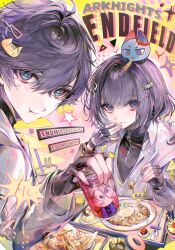  1boy 1girl :t absurdres ardashir_(arknights) arknights arknights:_endfield black_gloves black_hair blue_eyes camille_(arknights) can character_name character_print chinese_commentary commentary_request copyright_name creature_on_head doughnut drink_can drinking_straw eating endministrator_(arknights) female_endministrator_(arknights) fingerless_gloves food food_on_face french_fries gloves hair_ornament hairclip halftone highres holding holding_can looking_at_viewer male_endministrator_(arknights) me_tto noodles pudding spoon upper_body 