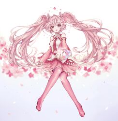  1girl :d \||/ arm_behind_back bare_shoulders boots breasts cherry_blossoms collared_shirt commentary detached_sleeves floating_hair flower full_body hair_between_eyes hair_flower hair_ornament hatsune_miku invisible_chair knees_together_feet_apart long_hair long_sleeves looking_at_viewer medium_breasts mieux0_0 miniskirt necktie open_mouth outstretched_arm pink_boots pink_flower pink_hair pink_skirt pleated_skirt red_eyes red_necktie sakura_miku shirt sidelocks simple_background sitting skirt sleeveless sleeveless_shirt smile solo tareme thigh_boots twintails untranslatable_commentary very_long_hair vocaloid white_background white_shirt wide_sleeves 