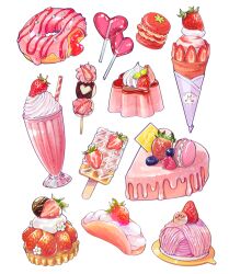  blueberry cake candy chocolate commentary_request crepe doughnut drinking_straw flower food food_focus food_wrapper fruit glass heart heart-shaped_cake heart-shaped_food heart-shaped_lollipop highres ice_cream_crepe icing jelly_donut_(food) lollipop macaron milkshake miri_illust no_humans original pink_theme pudding raspberry shaped_lollipop sprinkles strawberry white_background white_flower 