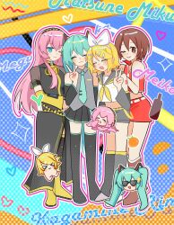  >_< 4girls :3 aqua_hair aqua_necktie bare_shoulders belt black_sleeves blonde_hair blue_eyes blueberry_hedy bow brown_eyes brown_hair commentary crop_top detached_sleeves fang grey_sailor_collar grey_shirt grey_shorts hair_bow hair_ornament hairclip hatsune_miku headphones highres kagamine_rin leg_warmers long_hair looking_at_viewer megurine_luka meiko_(vocaloid) midriff multiple_girls neckerchief necktie number_tattoo one_eye_closed open_mouth parallel_hairclips pink_hair red_skirt rin_no_youchuu sailor_collar shirt shiteyan'yo short_hair shorts skirt sleeveless sleeveless_jacket sleeveless_shirt smile sunglasses takoluka tattoo thigh-highs twintails untranslatable_commentary v very_long_hair vocaloid white_bow yellow_belt yellow_neckerchief yellow_trim 