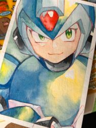  1boy arm_cannon armor blue_armor blue_helmet commentary_request diglett forehead_jewel green_eyes helmet male_focus mega_man_(series) mega_man_x_(series) photo_(medium) pokemon pokemon_(creature) solo traditional_media upper_body weapon x_(mega_man) yamanashi_taiki 