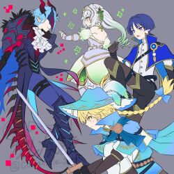  1girl 3boys aether_(genshin_impact) alternate_costume alternate_hairstyle alternate_universe aqua_feathers armor armored_dress ascot black_boots black_coat black_mask black_pants black_shorts blonde_hair blue_cape blue_capelet blue_gem blue_hair blue_hat blue_scarf blunt_ends boots bright_pupils brown_gloves brown_pantyhose cape capelet caramelo_game cavalier_hat closed_mouth coat coattails collared_cape commentary_request couter cross-shaped_pupils detached_collar detached_sleeves dottore_(genshin_impact) dress drill_hair earrings elbow_gloves eye_mask eyelashes eyeliner feathers frilled_dress frills frown fur_trim gem genshin_impact gloves gradient_feathers greaves green_dress green_eyes green_hair green_sleeves grey_background hair_intakes hat hat_feather headpiece highres holding holding_sword holding_weapon horns jewelry knee_boots knee_up lapels legwear_garter long_hair magical_boy magical_girl makeup mandarin_collar mask medium_dress monster_boy multiple_boys mystical_high_collar nahida_(genshin_impact) open_hand open_mouth outstretched_arm pants pantyhose pauldrons plackart pointy_ears pom_pom_(clothes) puffy_sleeves purple_hair purple_pants red_eyeliner red_horns red_tail ringed_eyes scaramouche_(genshin_impact) scarf shirt short_sleeves shorts shoulder_armor side_ponytail sidelocks single_pauldron smile spiked_tail sword symbol-shaped_pupils tail tailcoat teeth tongue tsurime upper_teeth_only vambraces violet_eyes vision_(genshin_impact) wanderer_(genshin_impact) weapon white_ascot white_feathers white_hair white_pupils white_shirt white_sleeves yellow_eyes yellow_feathers 