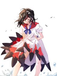  1girl black_dress black_hair blue_bow blue_bowtie bow bowtie closed_eyes commentary_request dress facing_viewer feet_out_of_frame highres holding_own_dress kijin_seija medium_hair multicolored_dress multicolored_hair open_mouth puffy_short_sleeves puffy_sleeves red_dress red_streaks shiya_re27 short_sleeves simple_background small_horns smile solo splashing standing streaked_hair touhou wading water white_background white_dress white_streaks 