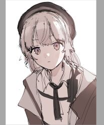 1girl beret black_hat black_necktie brown_jacket chest_strap cheyanne_(girls'_frontline_2) close-up closed_mouth collared_shirt commentary_request girls'_frontline_2:_exilium girls_frontline grey_hair hat highres jacket kawahara_shino long_hair looking_at_viewer m200_(girls'_frontline) necktie pillarboxed shirt simple_background sketch solo straight-on upper_body violet_eyes white_background white_shirt 