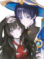  1boy 1girl armor artist_request bishounen black_bodysuit black_bridal_gauntlets black_gloves black_hair black_jacket black_shirt blazer blue_cape blue_gem blue_hat blue_jingasa blunt_bangs blunt_ends blunt_tresses blush bodysuit bridal_gauntlets cape character_request closed_mouth collared_shirt colored_eyelashes commentary_request commission covered_collarbone eyelashes eyeliner fingernails frilled_shirt_collar frills gem genshin_impact glint gloves gold gold_ring grey_eyes hand_on_another's_head hat height_difference hetero highres hime_cut holding_hands interlocked_fingers jacket japanese_armor jingasa korean_commentary kote kurokote long_hair long_sidelocks looking_at_another looking_at_viewer makeup mandarin_collar middle_ring oc_x_canon open_clothes open_jacket original red_eyeliner red_ribbon red_vest ribbon scaramouche_(genshin_impact) second-party_source shirt shoulder_peek side_cape sidelocks turtleneck turtleneck_shirt undershirt vest violet_eyes vision_(genshin_impact) wanderer_(genshin_impact) wavy_hair white_background white_shirt wispy_bangs 