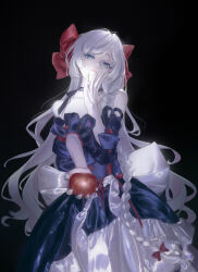  1girl absurdres apple back_bow bare_shoulders black_background black_dress blue_eyes bow braid collarbone commentary_request dress food fruit hair_bow hand_on_own_face highres holding holding_food holding_fruit honkai_(series) honkai_gakuen long_hair neck_ribbon nohemi pale_skin ribbon side_braid simple_background single_braid solo strapless strapless_dress very_long_hair weiss_(honkai_gakuen) white_hair 