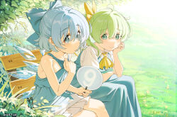  2girls ascot blue_bow blue_butterfly blue_dress blue_eyes blue_hair blue_skirt blue_vest blush bow bug butterfly chinese_commentary cirno closed_mouth commentary_request daiyousei dated detached_wings dress fairy fairy_wings frilled_skirt frills grass green_hair hair_between_eyes hair_bow hand_fan head_rest highres holding holding_fan ice ice_wings long_hair looking_at_viewer multiple_girls on_bench outdoors puffy_short_sleeves puffy_sleeves short_hair short_sleeves sitting skirt sleeveless sleeveless_dress smile touhou vest wings yellow_ascot yellow_bow ylong 
