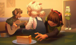  1boy 1other 2girls acoustic_guitar aged_down antlers asriel_dreemurr bed bedroom blonde_hair blue_eyes brown_fur brown_hair butterscotch_cinnamon_pie carpet december_holiday deer_girl deltarune design_speculation fake_horns food goat_boy goat_horns green_sweater guitar hairband highres holding holding_guitar holding_instrument horn_hairband horns indoors instrument kris_(deltarune) licking_lips medyrick multiple_girls noelle_holiday pie pie_slice plate playing_guitar playing_instrument poster_(object) realistic short_twintails striped_clothes striped_sweater sweater tongue tongue_out twintails utdr_(toby_fox) white_fur 