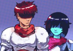  1boy 1other ares_toraernos armor black_hair blue_skin brandish closed_mouth colored_skin commentary creator_connection crossover deltarune english_commentary highres kris_(dark_world)_(deltarune) kris_(deltarune) mother_(series) mother_2 muoi_art no_eyes pink_scarf polka_dot polka_dot_background purple_background radiation's_halloween_hack red_hair red_scarf scarf short_hair side-by-side upper_body utdr_(toby_fox) 