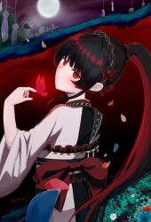  1girl absurdres back_bow black_hair bow braid bug butterfly butterfly_hair_ornament butterfly_on_hand closed_mouth dress_bow falling_petals full_moon hair_ornament highres long_hair long_sleeves looking_at_viewer looking_back mahou_shoujo_no_inshuu_mura mahou_shoujo_no_majo_saiban making-of_available moon night nikaido_hiro obi outdoors petals ponytail red_butterfly red_eyes sash sky solo two-tone_kimono upper_body wide_sleeves yuu_(yudarusugi) 