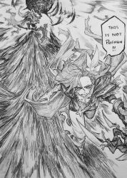  absurdres armor bow_(weapon) breasts cape chronozbergh commentary dota_(series) dota_2 elden_ring elden_ring_nightreign english_text facial_tattoo fleeing flower hair_flower hair_ornament highres monochrome pauldrons shoulder_armor single_pauldron speech_bubble sweatdrop tattoo traditional_media traitorous_straghess_(elden_ring) weapon windranger_(dota) 