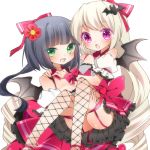  :o bat_wings black_hair blonde_hair bow carrying chico152 colored_eyelashes fishnet_legwear fishnets garter_straps green_eyes hair_bow hair_ornament long_hair multiple_girls official_art open_mouth otome_tensei_grimoire_den pink_eyes princess_carry smile tail very_long_hair wings 