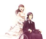  1girl ^_^ black_eyes black_hair brown_hair closed_eyes dress elbow_gloves eyes_closed fate/extra fate_(series) female_protagonist_(fate/extra) formal gloves julius_belkisk_harway pesu_(penpen) ponytail suit wedding_dress wheelchair 