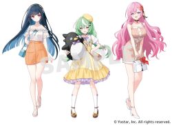  3girls bag blue_hair casual colored_inner_hair commentary_request dress full_body gerie_(stella_sora) green_hair greyscale handbag holding holding_bag kneehighs long_hair looking_at_viewer monochrome multicolored_hair multiple_girls nazuka_(stella_sora) nazuna_(stella_sora) nima_(niru54) official_art open_mouth orange_skirt parted_lips pink_hair sample_watermark sandals shirt shoes short_sleeves shoulder_bag simple_background skirt smile socks standing stella_sora streaked_hair two-tone_hair very_long_hair watermark white_background white_shirt white_socks 