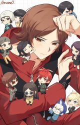  >_< 6+boys 6+girls absurdres amano_maya arm_up baofu beanie black_hair blonde_hair blue_hair blush brown_hair character_request closed_mouth copyright_name everyone grid_background hand_on_own_arm hand_on_own_head hat helmet highres jacket kirishima_eriko kurosu_jun lisa_silverman long_sleeves mayuzumi_yukino mini_person miniboy minigirl mishina_eikichi mnce_o multiple_boys multiple_girls nanjou_kei parted_bangs persona persona_2 purple_hair red_eyes red_hair red_jacket serizawa_ulala short_hair standing suit sunglasses suou_katsuya suou_tatsuya zipper 