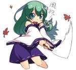  aqua_eyes blush chacha_(tyatya) cropped_legs detached_sleeves gohei green_hair hands_together kochiya_sanae long_hair motion_blur open_mouth simple_background solo touhou white_background wide_sleeves 