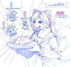  4girls absurdres animal_ears arrow_(symbol) blue_theme cat_ears cat_girl cat_tail chibi chibi_inset chinese_text chow_chow colored_speech_bubble commentary_request cowboy_shot curtained_hair dog_ears dog_girl dog_tail dress emphasis_lines english_text food fujishima_megumi furrification furry furry_female hasu_no_sora_school_uniform heart highres long_hair long_sleeves love_live! love_live!_hasu_no_sora_jogakuin_school_idol_club mixed-language_text monochrome multiple_girls neckerchief omelet omurice otomune_kozue pleated_dress sailor_collar sailor_dress school_uniform sharp_teeth speech_bubble spoken_heart tail teeth translation_request twintails virtual_youtuber winter_uniform yrxy_settingsun yugiri_tsuzuri 