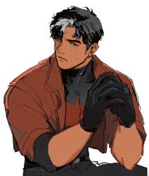  1boy batman_(series) batman_symbol belt black_bodysuit black_gloves black_hair blue_eyes bodysuit brown_jacket dc_comics gloves grey_bodysuit jacket jason_todd male_focus multicolored_bodysuit muscular muscular_male open_clothes pants red_hood_(dc) red_hood_and_the_outlaws short_hair superhero_costume taut_bodysuit taut_clothes two-tone_bodysuit utility_belt western_comics_(style) z_(malenjoyer) 